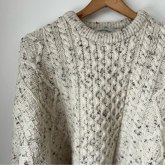 Aran crafts cable knit sweater speckled cream merino wool Irish Ireland XL - Picture 2 of 5